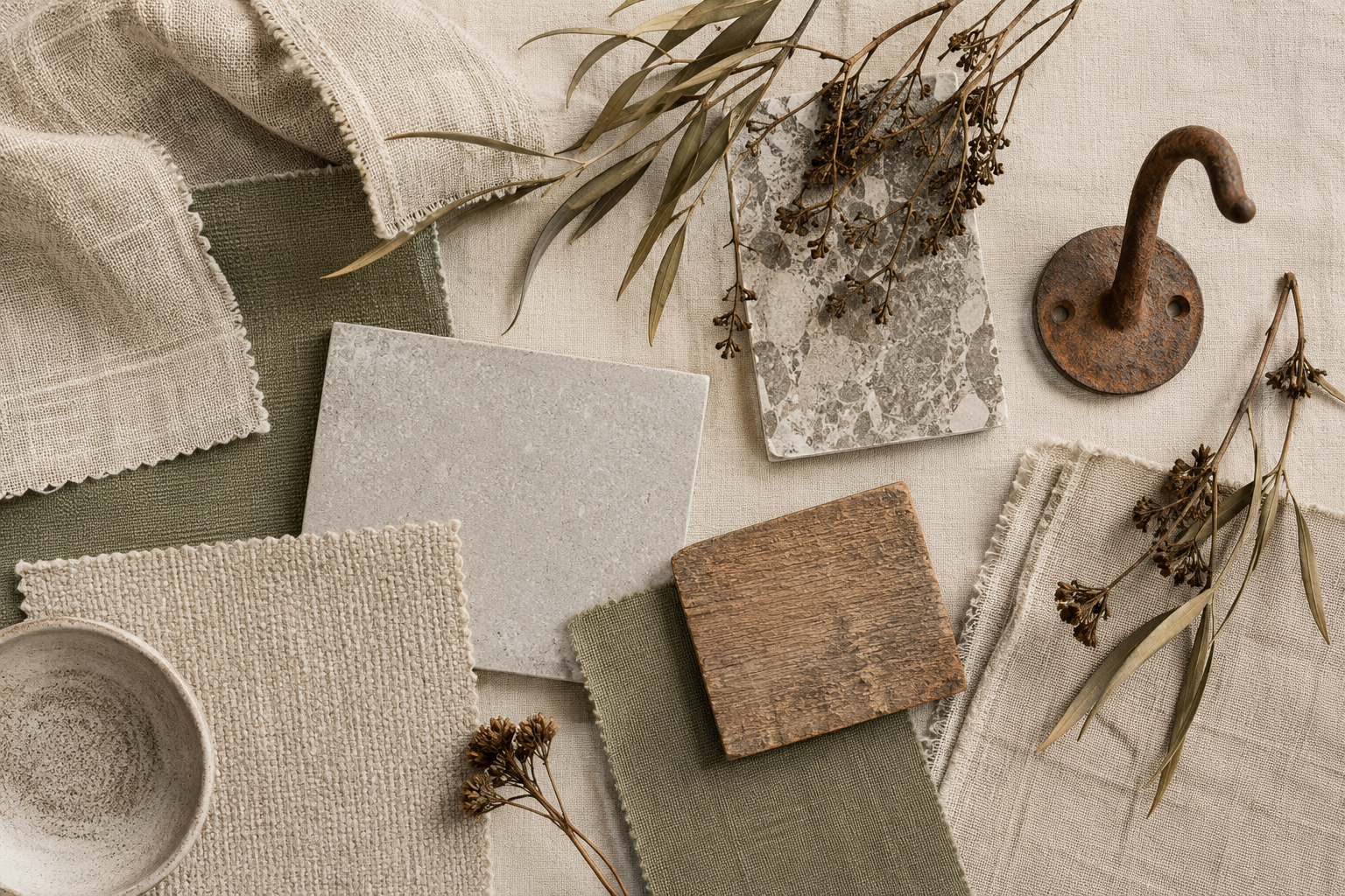 A stylist's desk with linen swatches, ceramic samples, reclaimed wood and iron arranged for building a mood board